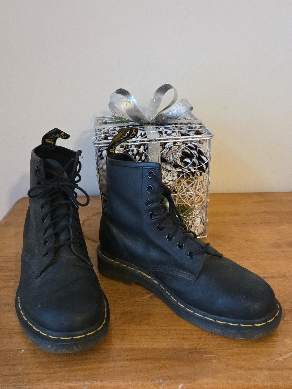 Dr. Martens Women, Men Or Teen Black Lace-Up Combat Boots with Yellow Stitching